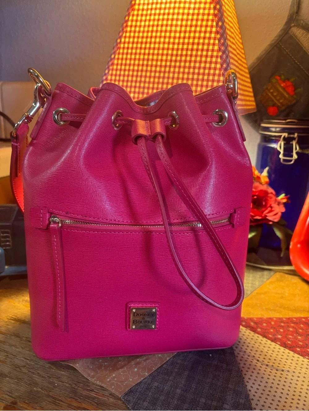 Dooney & Bourke Hot Pink Pebble Leather Drawstring Satchel - Picture 1 of 6